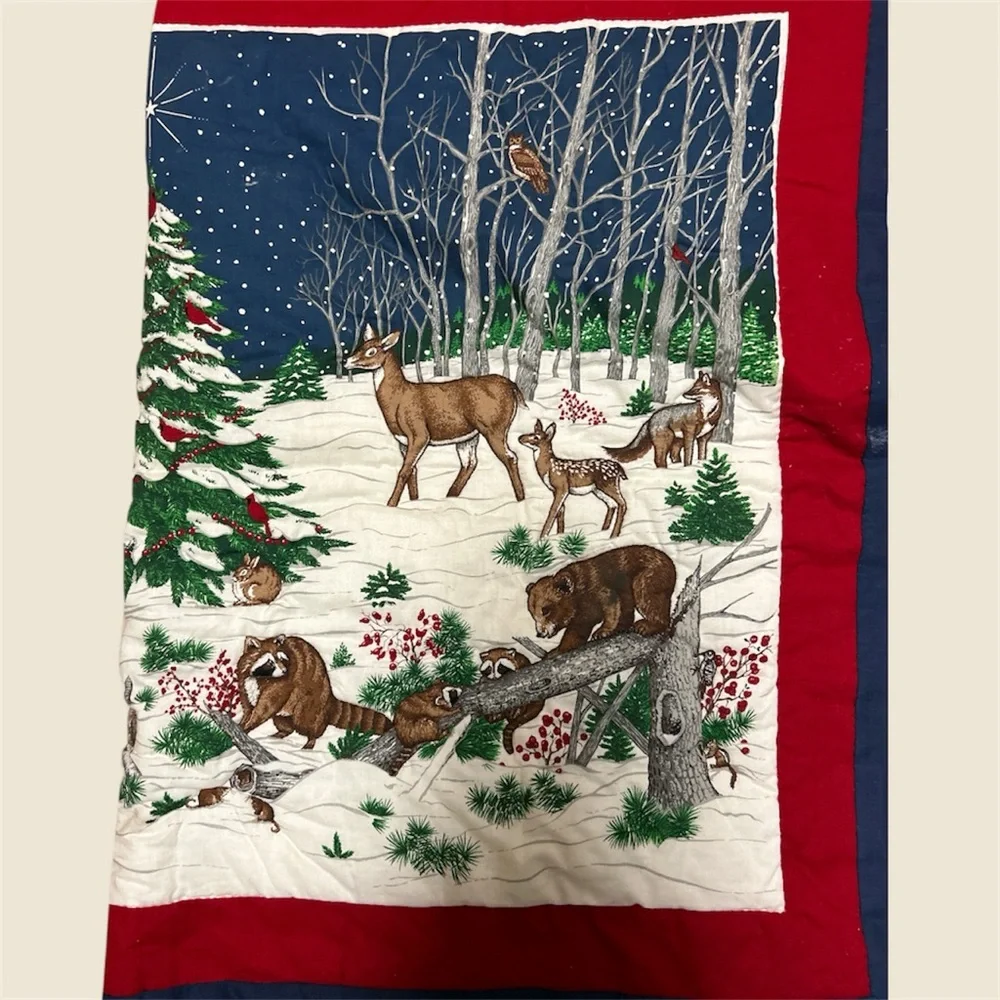 Handmade Animal Christmas Quilt Wall Hanging 30’ X 39.’ Red/Blue/Brown.